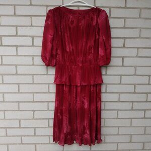 Vintage 80s Chiffon Dress Burgundy Peplum Size Medium Puffed Sleeves